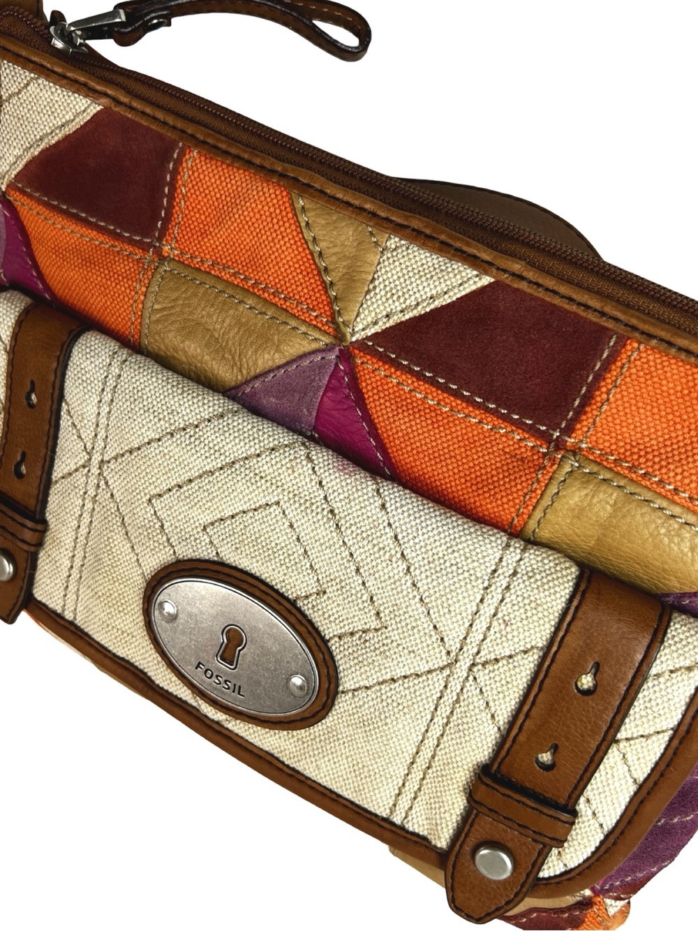 Fossil ZB4687 Patchwork Crossbody Bag Y2K Boho Leather Canvas Key Charm - Picture 4 of 12